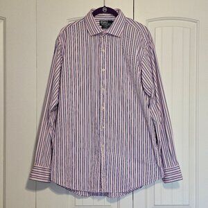 Men's Polo Ralph Lauren Regent‎ Button Up Shirt 17 34/35 Pink Blue Stripe